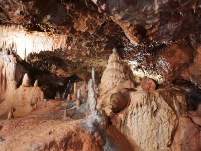 Stalagmites and stalactites in the Rockies at Kents Cavern, Devon