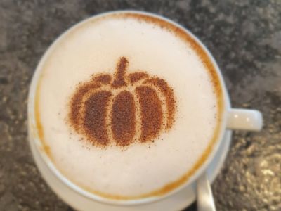 Pumpkin coffee art at Kents Cavern, Torquay