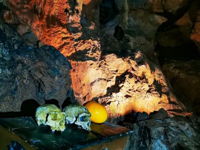 Skulls and pumpkins in a cave at Kents Cavern, Torquay