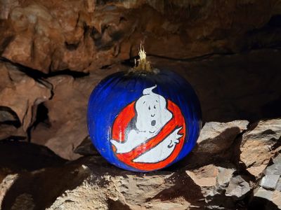 Ghostbusters painted pumpkin in the cave at Kents Cavern, Torquay