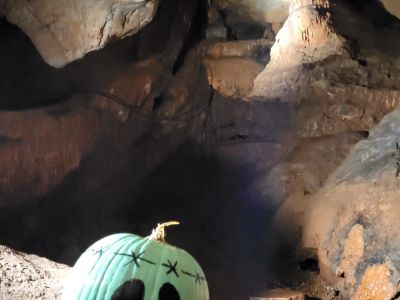 Painted pumpkin in the cave at Kents Cavern, Torquay